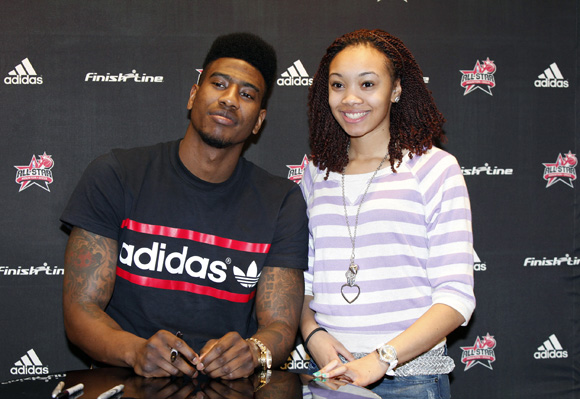 Iman Shumpert of the New York Knicks greets fans at Finish Line at Galleria Mall in Houston during NBA All-Star weekend.