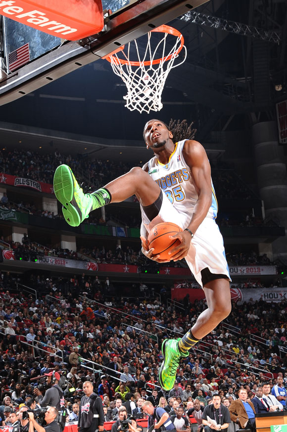 HOUSTON, TX - FEBRUARY 16: Kenneth Faried #35 of the Denver Nuggets attempts a dunk during the 2013 Sprite Slam Dunk Contest on State Farm All-Star Saturday Night as part of 2013 NBA All-Star Weekend on February 16, 2013 at Toyota Center in Houston, Texas.(Photo by Andrew D. Bernstein/NBAE via Getty Images)
