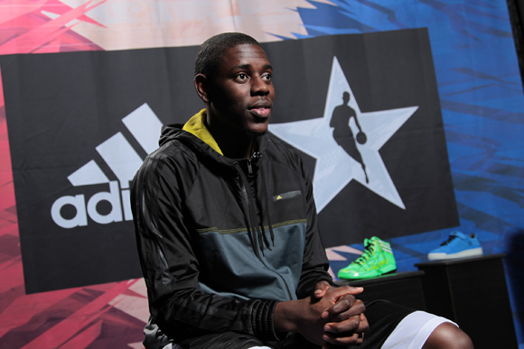 NBA All-Star Jrue Holiday of the Philadelphia 76ers smiles during  media interviews at the adidas VIP suite during NBA All-Star in Houston.