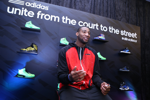 Andre Drummond of the Detroit Pistons smiles during media interviews at the adidas VIP suite during NBA All-Star in Houston.