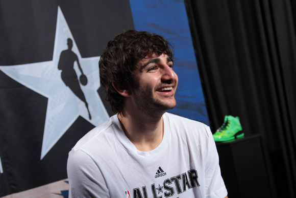 Ricky Rubio of the Minnesota Timberwolves smiles during media interviews at the adidas VIP suite during NBA All-Star in Houston.