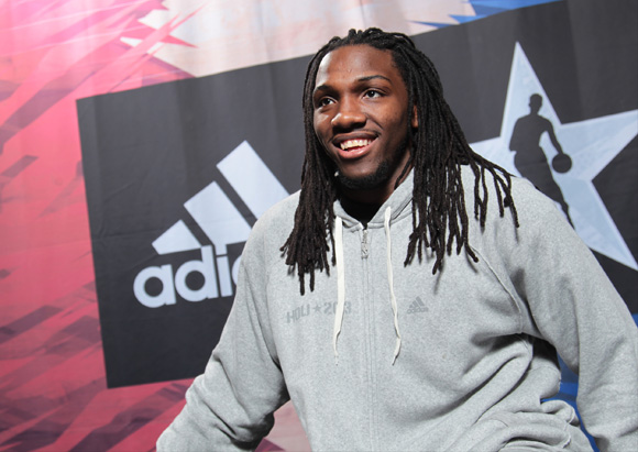 Kenneth Faried of the Denver Nuggets smiles during media at interviews at the adidas VIP suite during NBA All-Star in Houston.