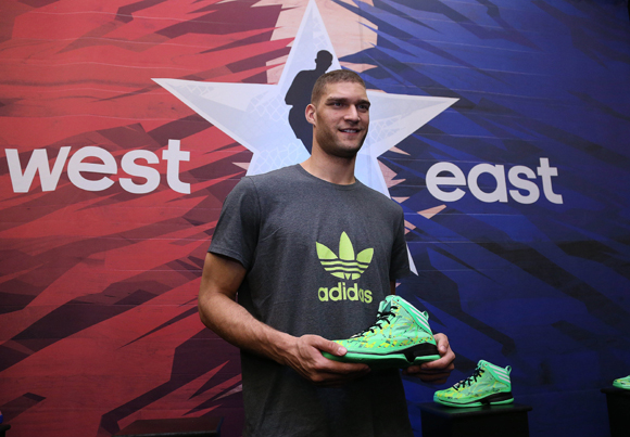 HOUSTON (Feb. 15, 2013) – Eastern Conference All-Star Brook Lopez visits the adidas VIP suite during NBA All-Star in Houston and checks out the all-new Crazy Fast.