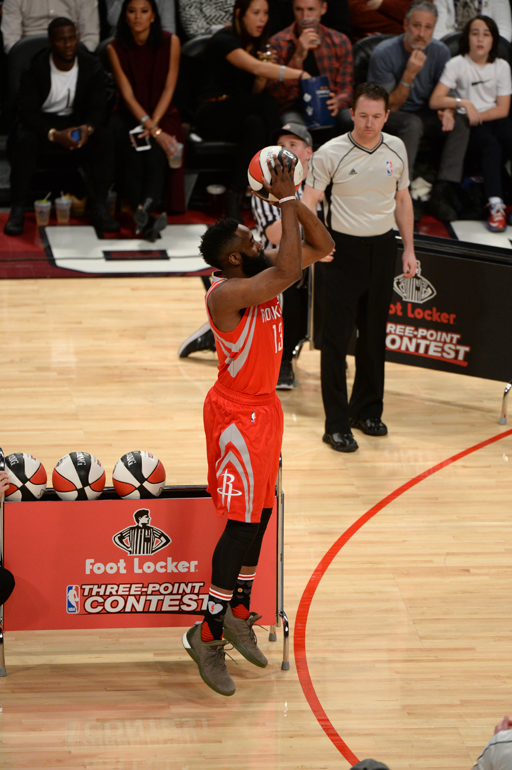 TORONTO, CANADA - FEBRUARY 13: James Harden #13 of the Houston Rockets shoots during the Foot Locker Three-Point Contest as part of 2016 NBA All-Star Weekend on February 13, 2016 at the Air Canada Centre in Toronto, Ontario, Canada. NOTE TO USER: User expressly acknowledges and agrees that, by downloading and or using this Photograph, user is consenting to the terms and conditions of the Getty Images License Agreement. Mandatory Copyright Notice: Copyright 2016 NBAE (Photo by Garrett Ellwood/NBAE via Getty Images)