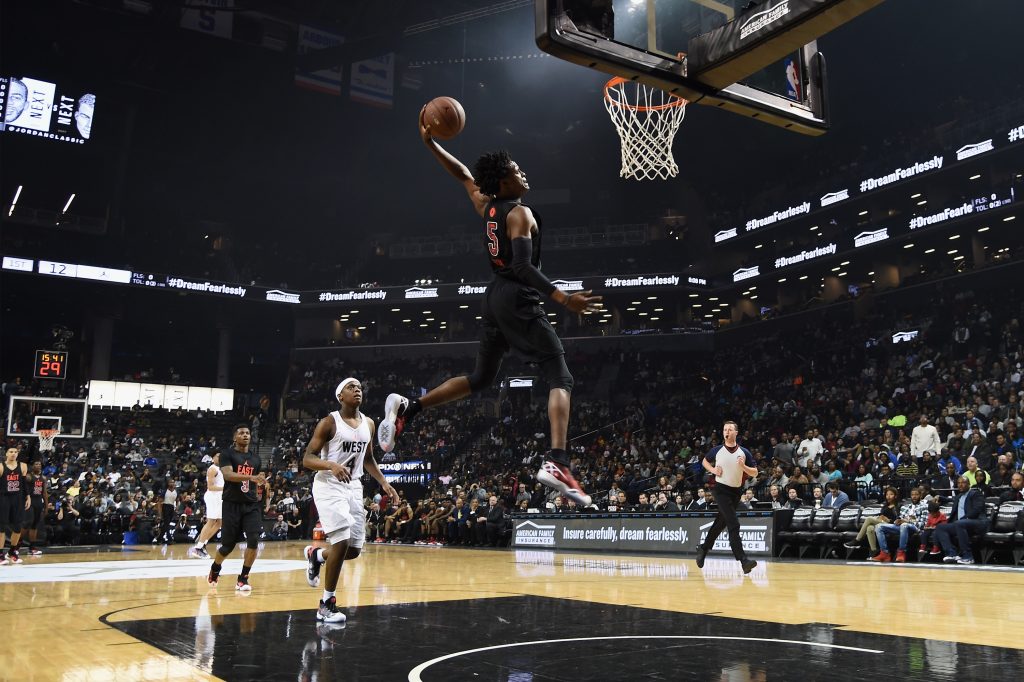"NEW YORK, NY - APRIL 15: East Team MVP DeAaron Fox (Katy, TX) in action during the 15th iteration of the Jordan Brand Classic at Barclays Center on April 15, 2016 in New York City. (Photo by Dave Kotinsky/Getty Images for Jordan Brand )"