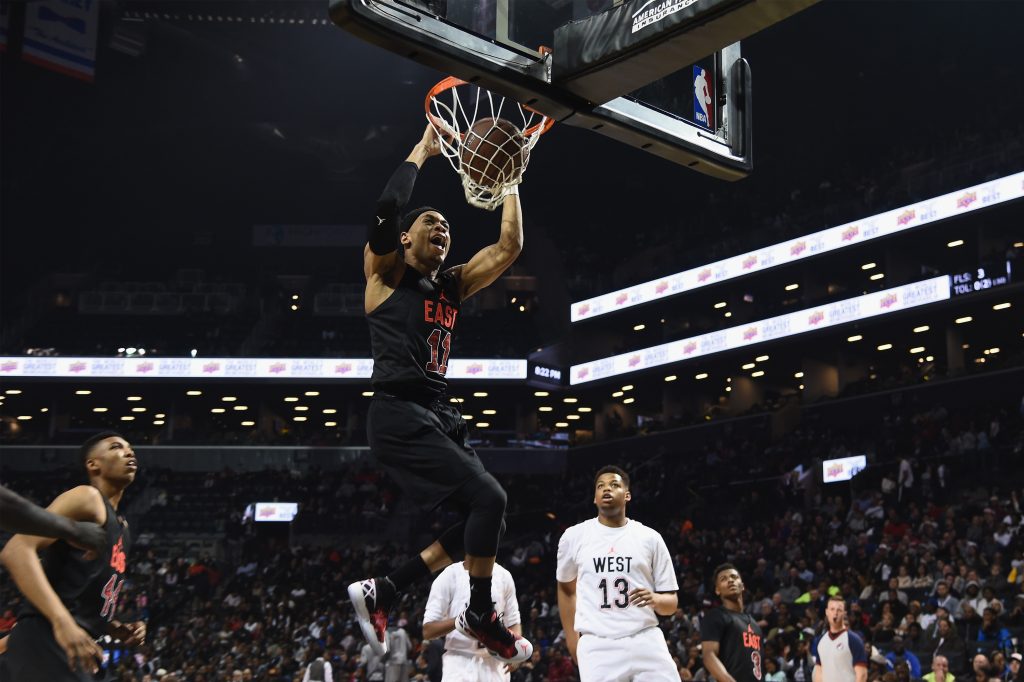 "NEW YORK, NY - APRIL 15: Bruce Brown (Saxtons River, VT) in action for the East Team at the 2016 Jordan Brand Classic at Barclays Center on April 15, 2016 in New York City. (Photo by Dave Kotinsky/Getty Images for Jordan Brand )"