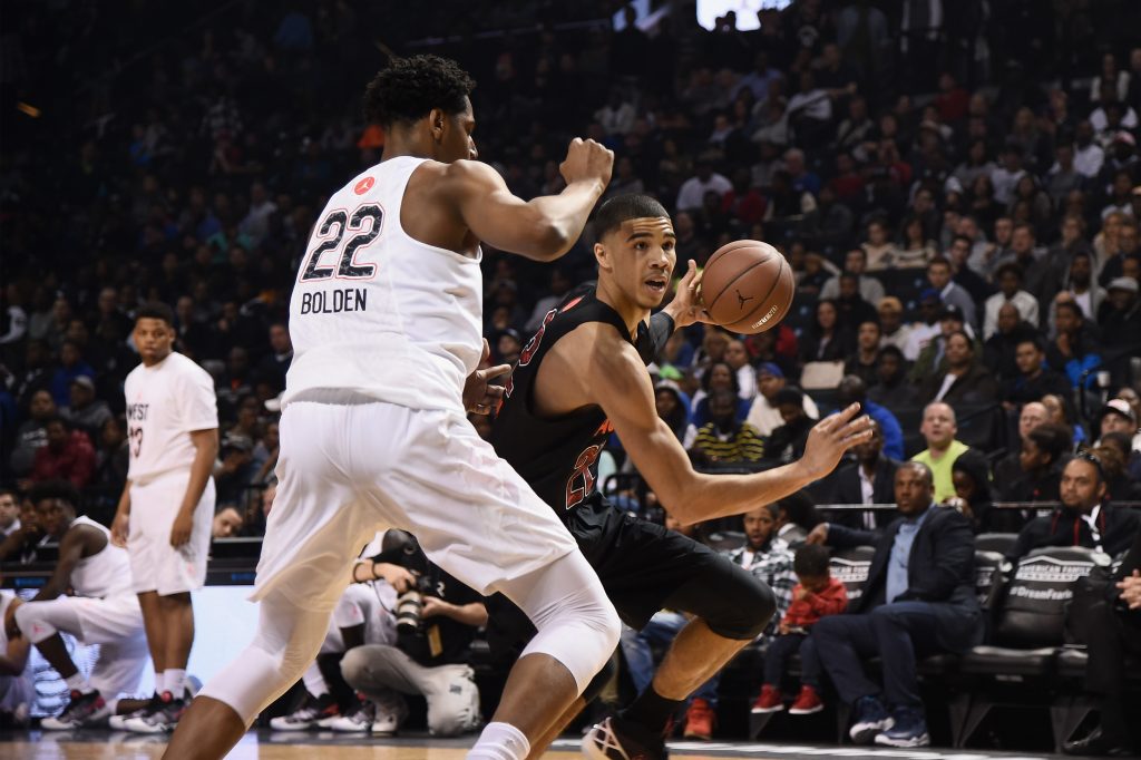 "NEW YORK, NY - APRIL 15: Jayson Tatum (R) (St. Louis, MO) in action for the East Team at the 2016 Jordan Brand Classi at Barclays Center on April 15, 2016 in New York City. (Photo by Dave Kotinsky/Getty Images for Jordan Brand )"