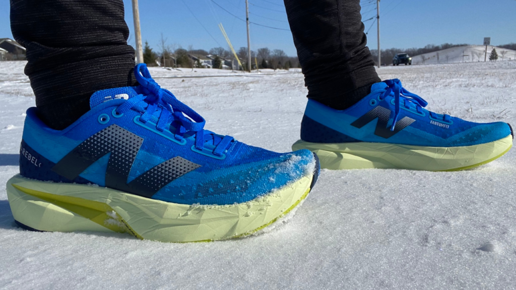 New Balance FuelCell Rebel v4 in the snow