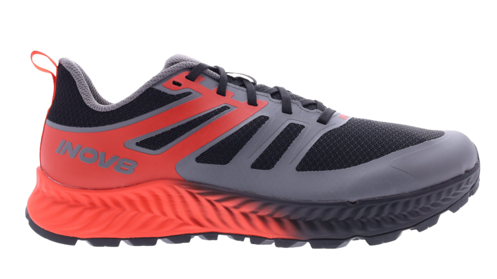 Inov-8 Trailfly red grey lateral view