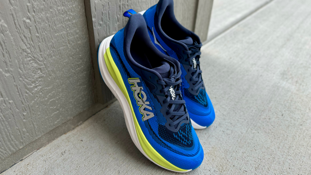 Hoka Skyflow leanding on wall