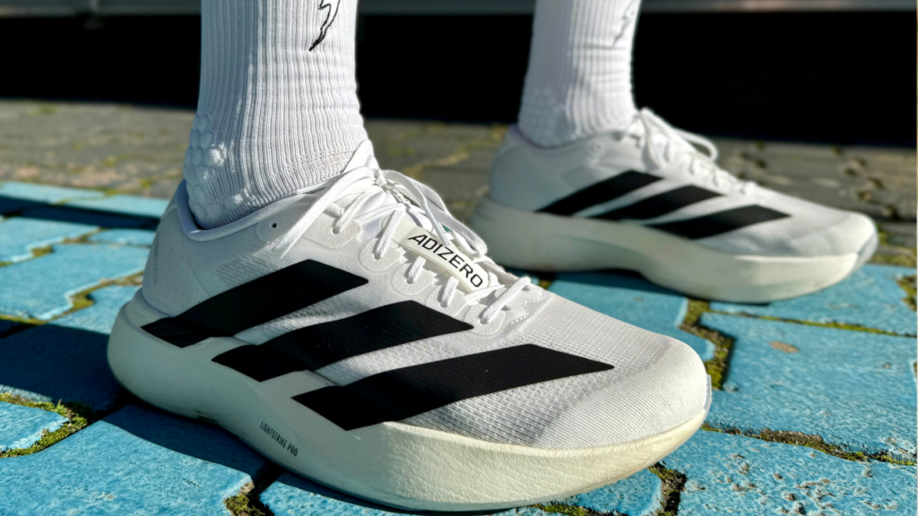 adidas Evo SL with lightning socks on foot