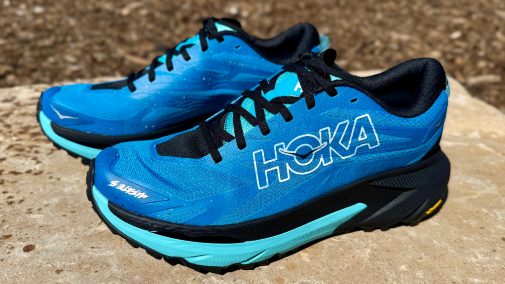HOKA Mafate 5 both shoes on rock