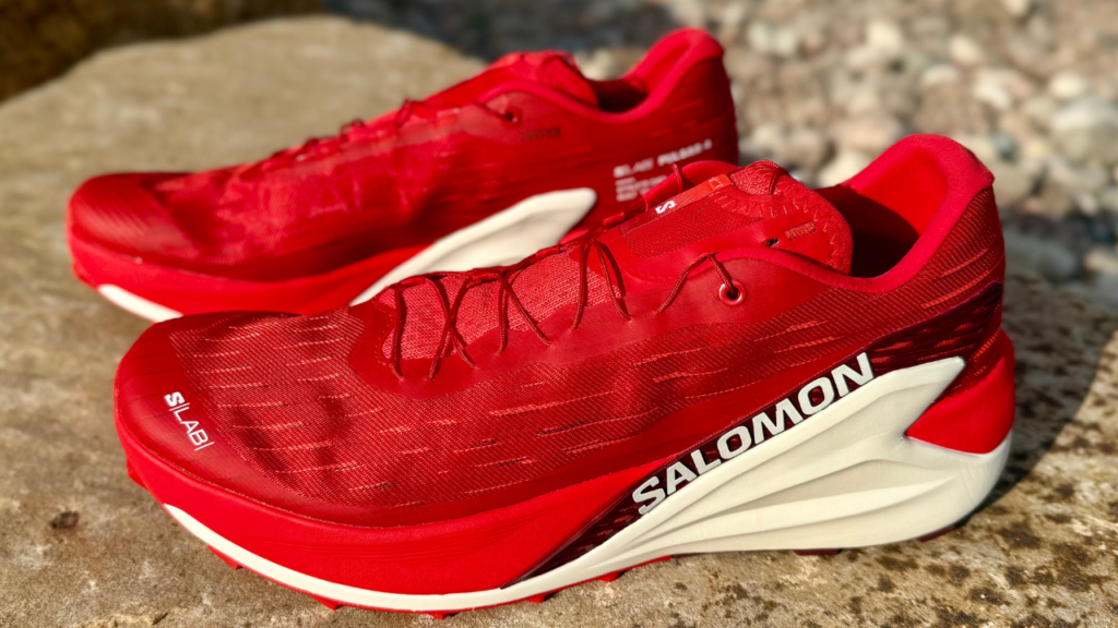 Salomon S/LAB Pulsar 4 both shoes on rock