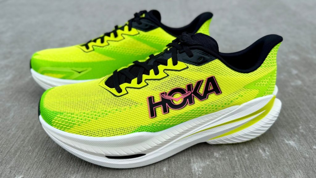 Hoka Mach X 3 both shoes on concrete