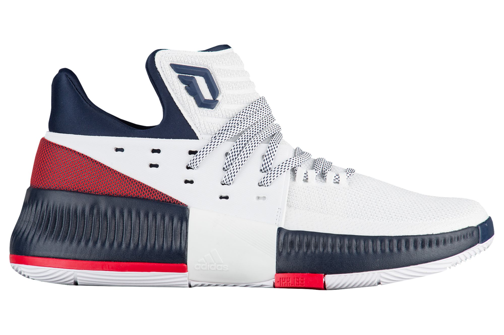 A Red, White, and Blue adidas Dame 3 