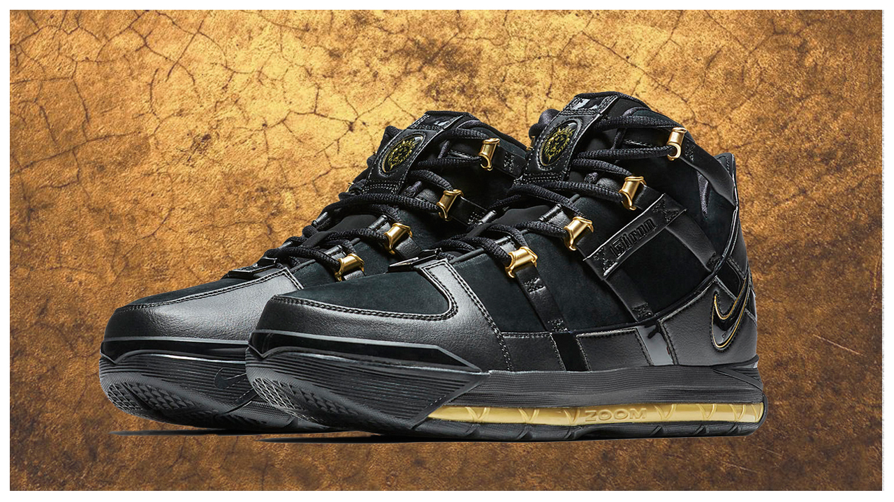 The Nike Zoom LeBron 3 in Black/Gold to 
